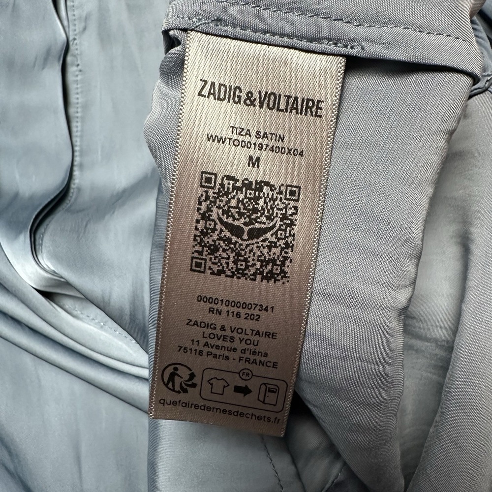 Zadig & Voltaire Tiza Satin Ruffle Top In Bluestone Woman's Size Medium $348 - Picture 9 of 10